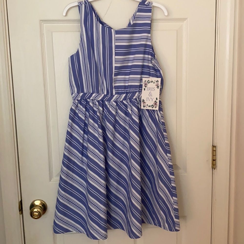 Iris & Ivy Blue and White Striped Cutout Dress